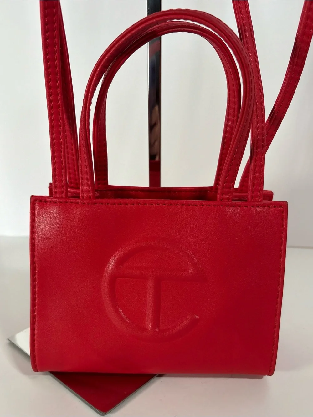 Telfar Red Vegan Leather Small Shopping Bag with Embossed Logo - Picture 2 of 10